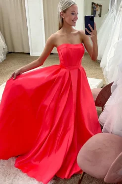 Strapless Red Satin Corset Princess Prom Dress