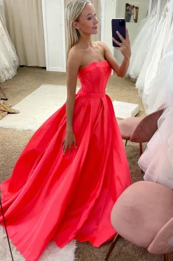 Strapless Red Satin Corset Princess Prom Dress
