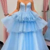 Strapless Tiered Blue Corset Long Prom Dress