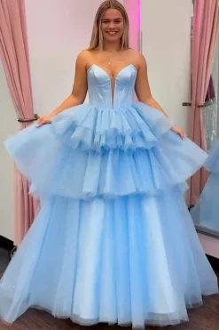 Strapless Tiered Blue Corset Long Prom Dress