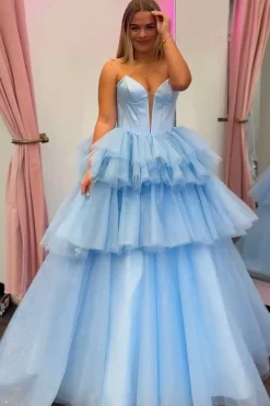 Strapless Tiered Blue Corset Long Prom Dress