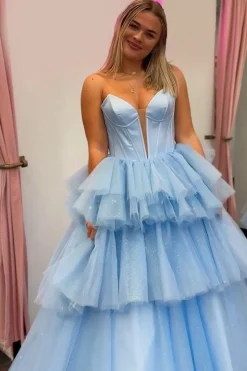 Strapless Tiered Blue Corset Long Prom Dress