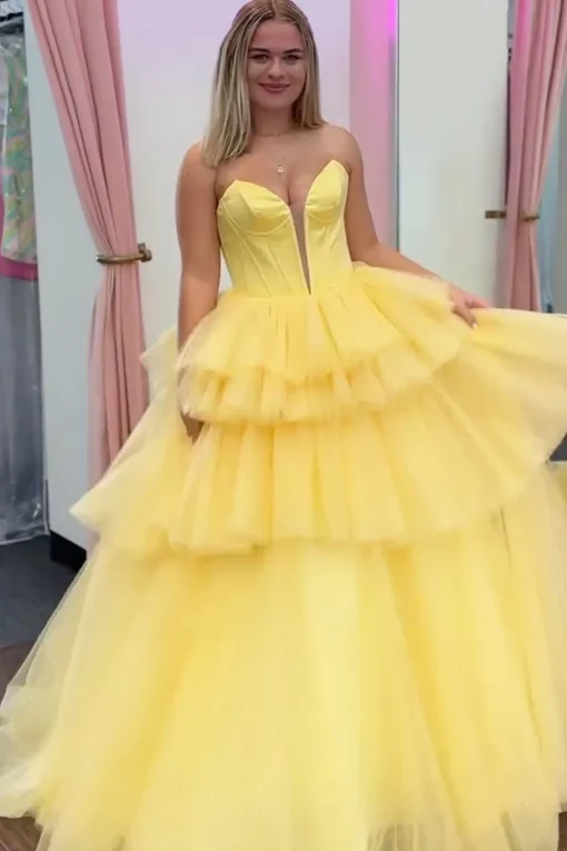 Strapless Tiered Blue Corset Long Prom Dress