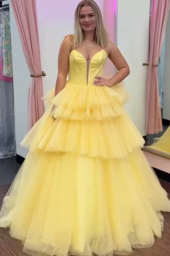Strapless Tiered Blue Corset Long Prom Dress