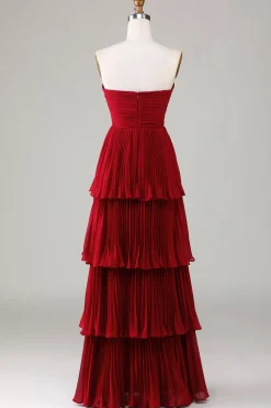 Strapless Tiered Burgundy Long Bridesmaid Dress