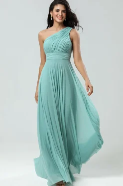 Stunning A Line One Shoulder Sea Glass Long Bridesmaid Dress with Ruched