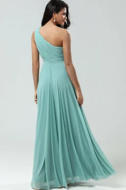 Stunning A Line One Shoulder Sea Glass Long Bridesmaid Dress with Ruched