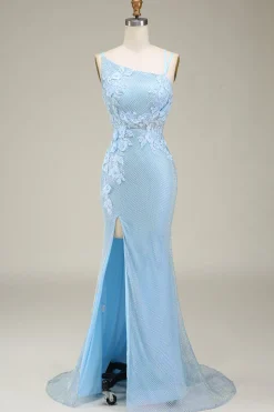 Stylish Mermaid Light Blue Long Prom Dress with Appliques