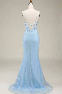 Stylish Mermaid Light Blue Long Prom Dress with Appliques