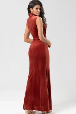 Sweetest Admirer Mermaid High Neck Terracotta Velvet Long Bridesmaid Dress