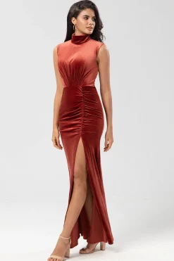 Sweetest Admirer Mermaid High Neck Terracotta Velvet Long Bridesmaid Dress