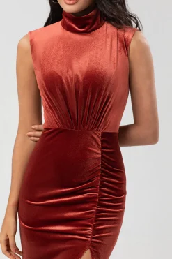 Sweetest Admirer Mermaid High Neck Terracotta Velvet Long Bridesmaid Dress