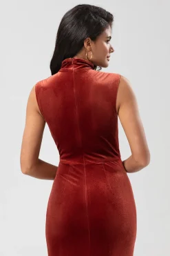 Sweetest Admirer Mermaid High Neck Terracotta Velvet Long Bridesmaid Dress