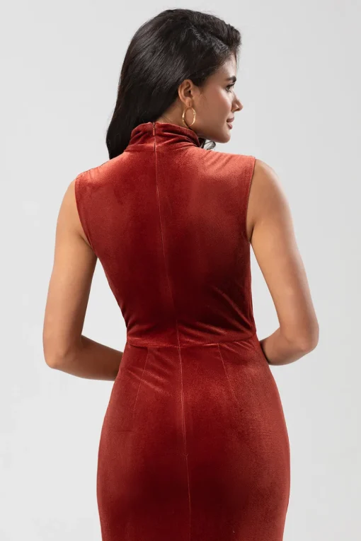 Sweetest Admirer Mermaid High Neck Terracotta Velvet Long Bridesmaid Dress