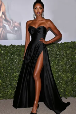 Sweetheart A Line Satin Pleated Long Formal Dress with Slit