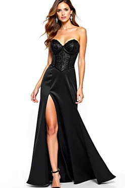 Sweetheart Corset Long Black Tie Dress With Slit