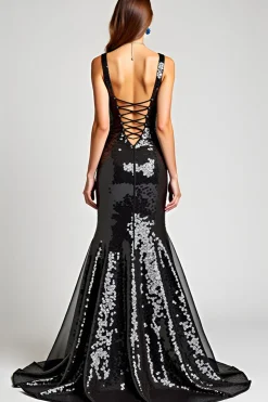 Sweetheart Long Sleeveless Lace Up Back Black Tie Dress