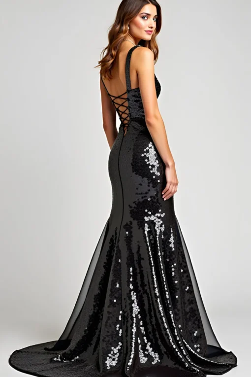 Sweetheart Long Sleeveless Lace Up Back Black Tie Dress