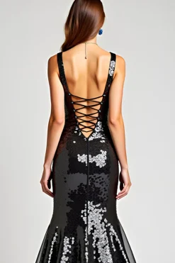 Sweetheart Long Sleeveless Lace Up Back Black Tie Dress