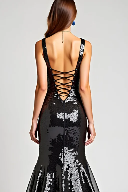 Sweetheart Long Sleeveless Lace Up Back Black Tie Dress