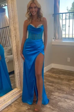 Sweetheart Royal Blue Mermaid Long Corset Satin Prom Dress with Beading