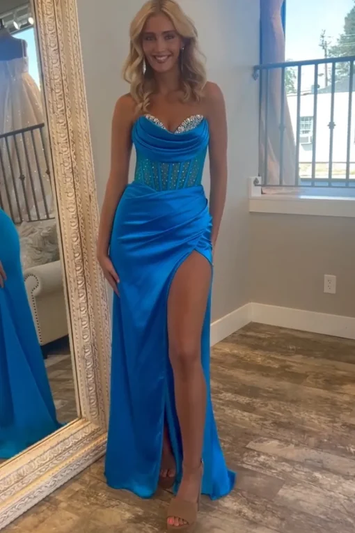 Sweetheart Royal Blue Mermaid Long Corset Satin Prom Dress with Beading