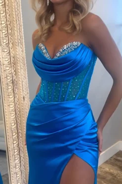 Sweetheart Royal Blue Mermaid Long Corset Satin Prom Dress with Beading