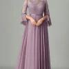 Taro Purple Lace Chiffon Mother Of the Bride Dress with 3/4 Sleeves