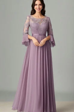 Taro Purple Lace Chiffon Mother Of the Bride Dress with 3/4 Sleeves