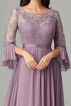 Taro Purple Lace Chiffon Mother Of the Bride Dress with 3/4 Sleeves