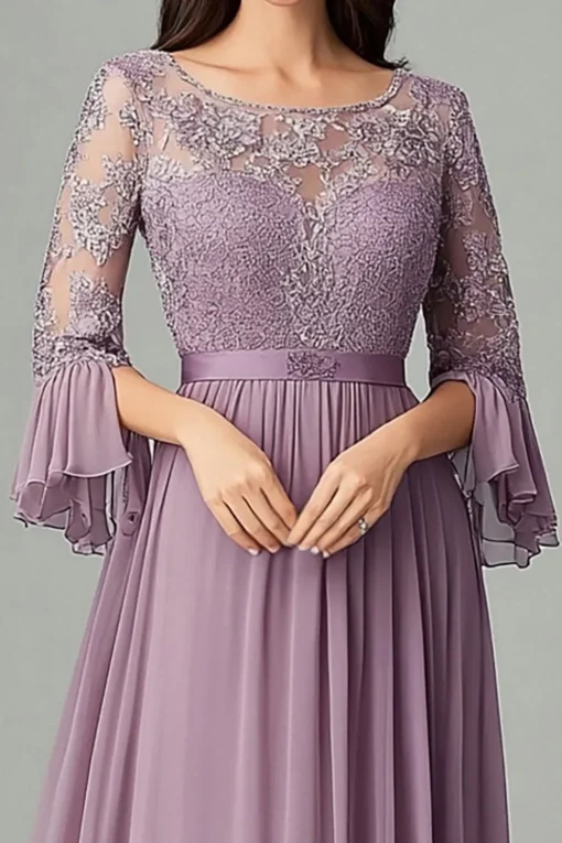 Taro Purple Lace Chiffon Mother Of the Bride Dress with 3/4 Sleeves