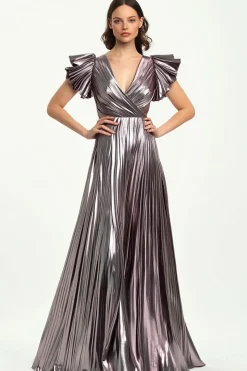 Taro Purple Pleated Metallic Satin Short Ruffle Sleeves Formal Dress