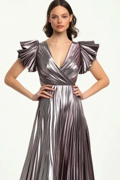 Taro Purple Pleated Metallic Satin Short Ruffle Sleeves Formal Dress