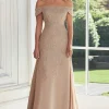 Taupe Lace Applique Sheath Off the Shoulder Mother of the Bride Dress