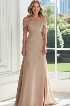 Taupe Lace Applique Sheath Off the Shoulder Mother of the Bride Dress