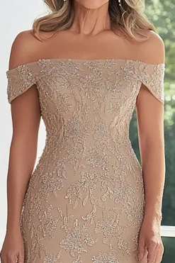 Taupe Lace Applique Sheath Off the Shoulder Mother of the Bride Dress