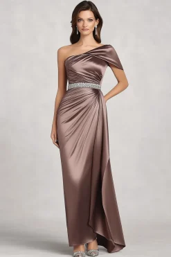 Taupe Satin One Shoulder Mother of Bride Dress