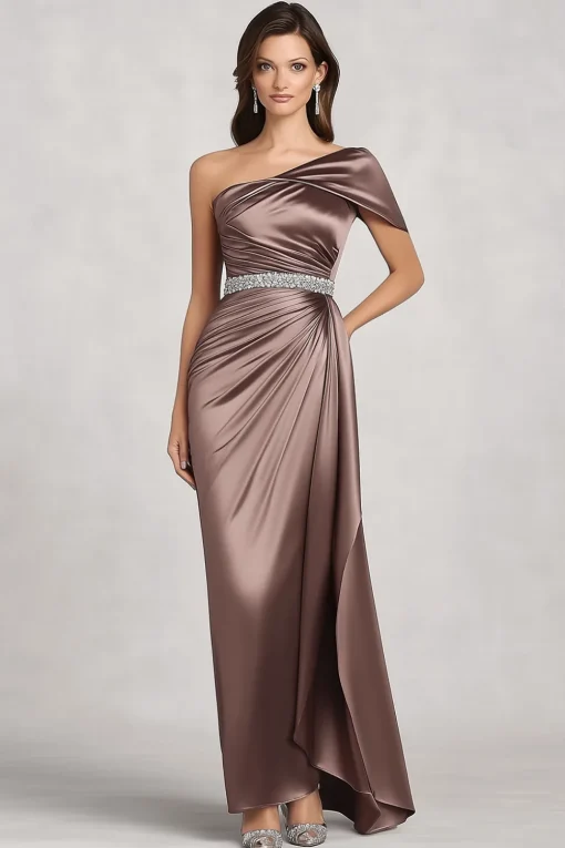 Taupe Satin One Shoulder Mother of Bride Dress