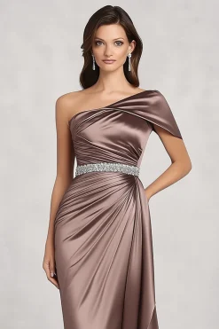 Taupe Satin One Shoulder Mother of Bride Dress