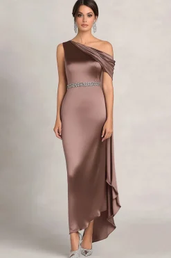 Taupe Sheath One Shoulder Ruched Rhinetones Satin Mother Of the Bride Dress