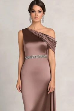 Taupe Sheath One Shoulder Ruched Rhinetones Satin Mother Of the Bride Dress