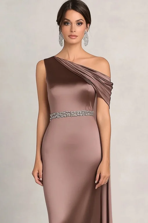 Taupe Sheath One Shoulder Ruched Rhinetones Satin Mother Of the Bride Dress