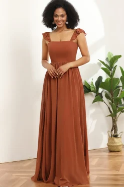 Terracotta Chiffon A-Line Floor Length Bridesmaid Dress With Ruffles