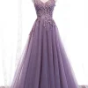 Tulle A Line Purple Beaded Prom Dress with Appliques