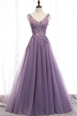 Tulle A Line Purple Beaded Prom Dress with Appliques
