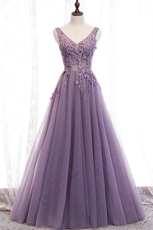 Tulle A Line Purple Beaded Prom Dress with Appliques