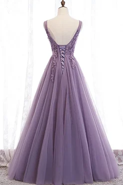 Tulle A Line Purple Beaded Prom Dress with Appliques