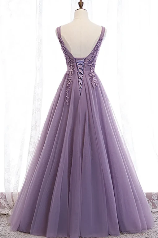 Tulle A Line Purple Beaded Prom Dress with Appliques