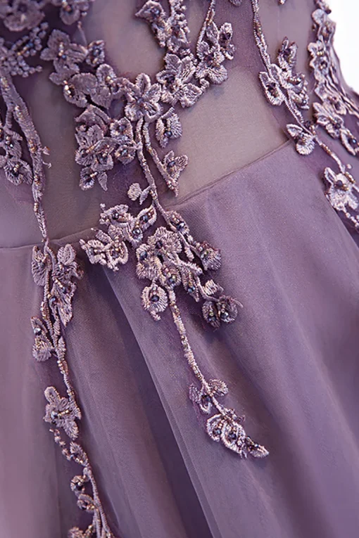 Tulle A Line Purple Beaded Prom Dress with Appliques