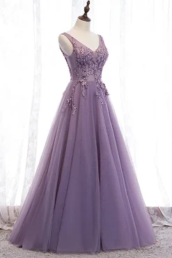 Tulle A Line Purple Beaded Prom Dress with Appliques